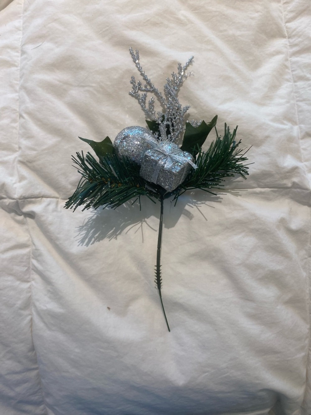Silver Glitter Holiday Pick with Green Pine Sprigs - Home Holiday